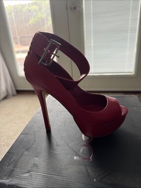 bebe Red Peep-Toe Platform Stiletto with Ankle Strap